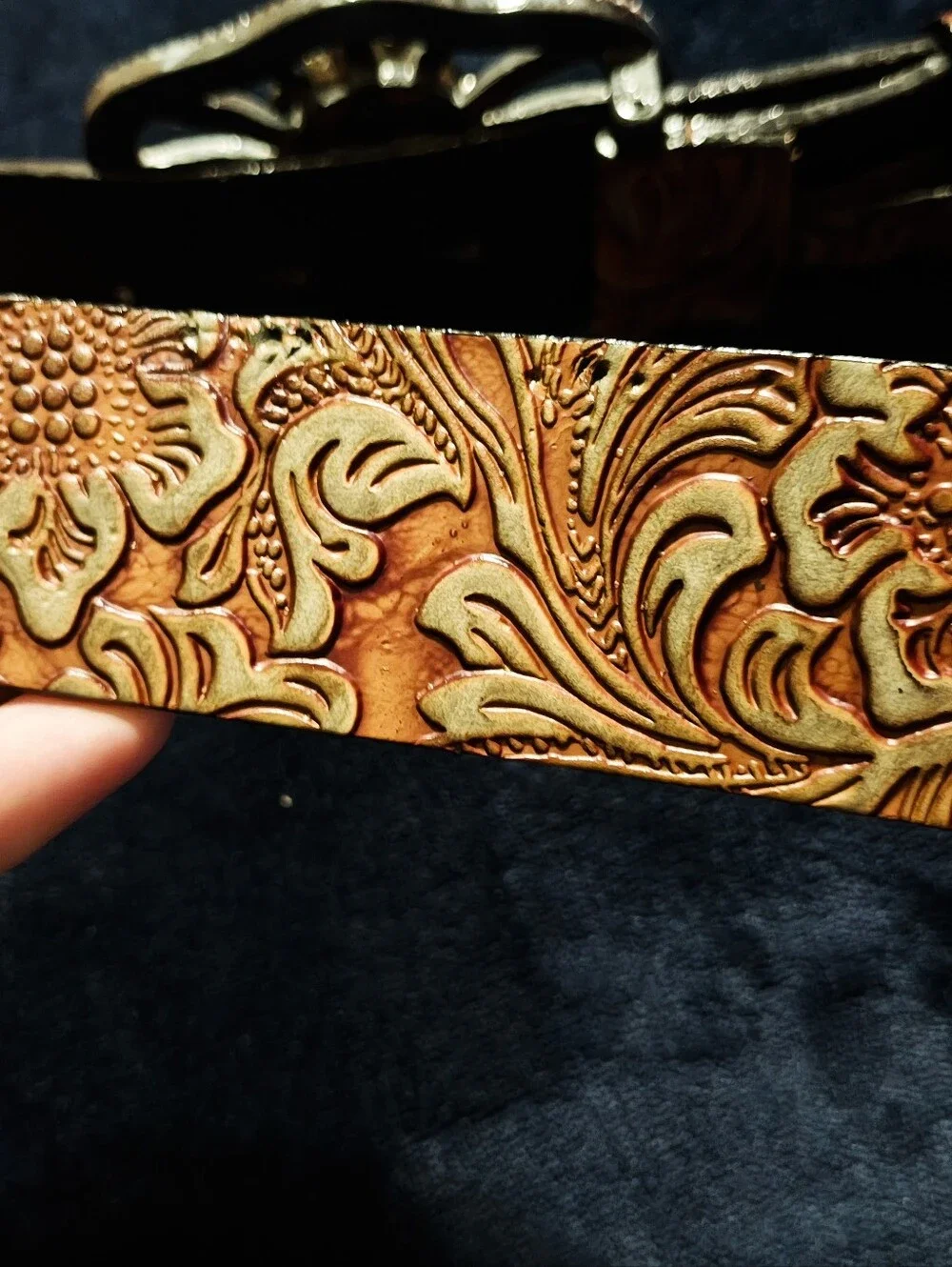 Vintage 90s Streets Ahead Leather Belt Large Western Tooled Coral Rhinestone